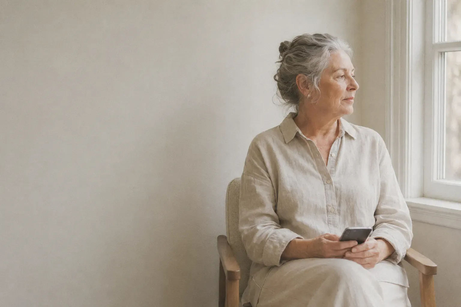 A smiling grandmother checking her phone at home in warm light