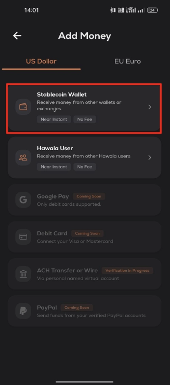 Stack Add Money screen with Stablecoin Wallet selected
