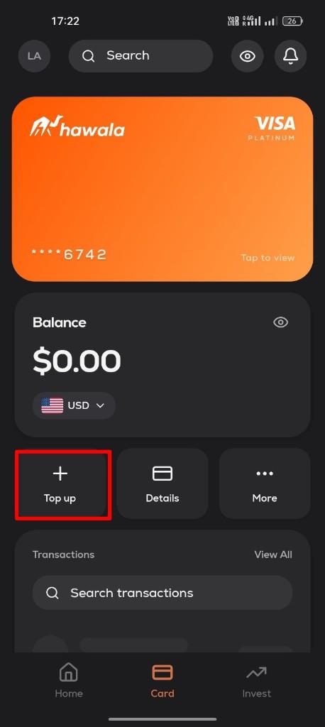 Stack home screen with the virtual Visa card and Top up button