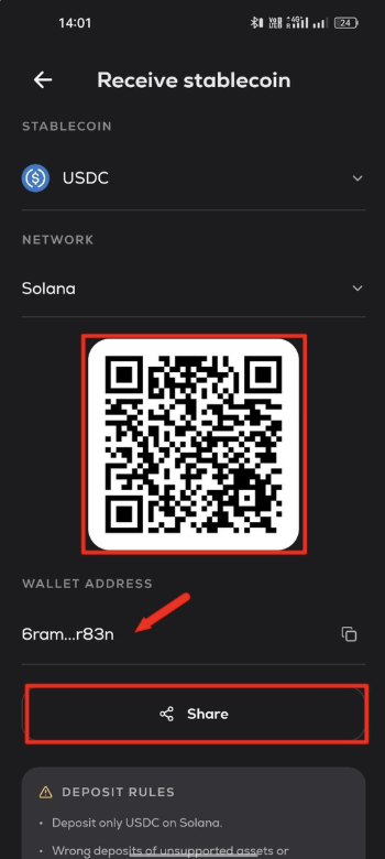 Stack USDC on Solana deposit address with QR code