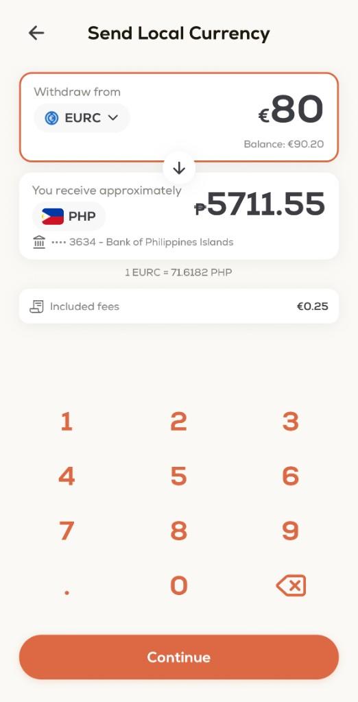 Stack Euro withdrawal screen — convert EUR to local currency