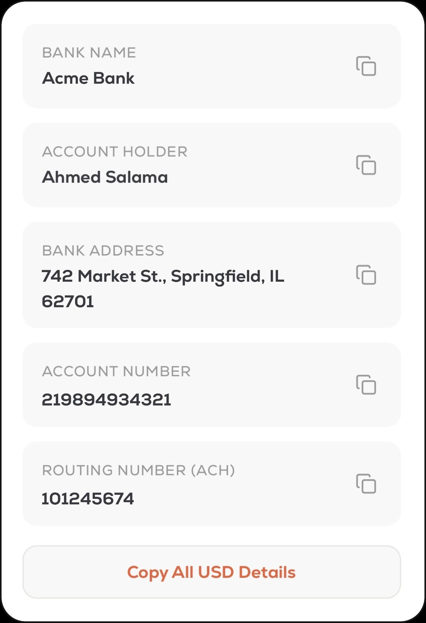 Stack USD bank account details — routing number and account number
