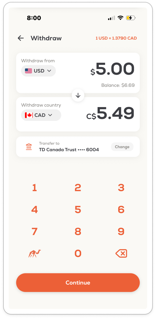 Stack withdrawal screen — convert USD to local currency